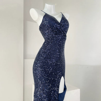 DOLLY Elegant Sleeveless V-Neck Sequin Slim Fit Slit Long Fishtail Cocktail Dress-ERIKA