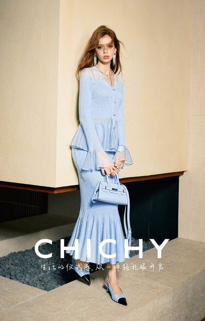 CHICHY V-neck thin hot diamond knitted blue slim mermaid-KIBA