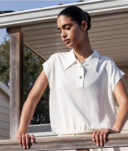 COMME MOI commuter lapel mulberry silk small capped sleeve top - MAP.