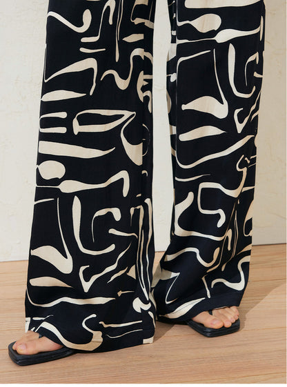 Sushe Neo-Bohemian Tencel linen print drawstring tie wide-leg slacks -JULIET