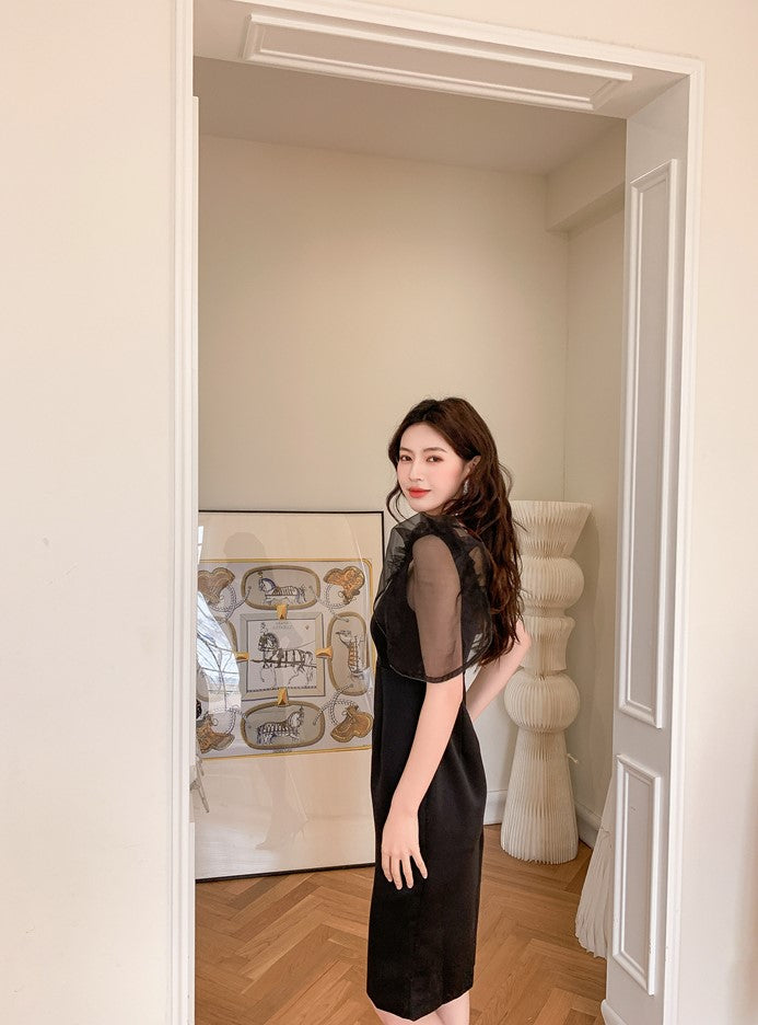 DOLLY Elegant V-Neck Short Mesh Puff Sleeve High Waist Midi Luncheon Dress-CHILE