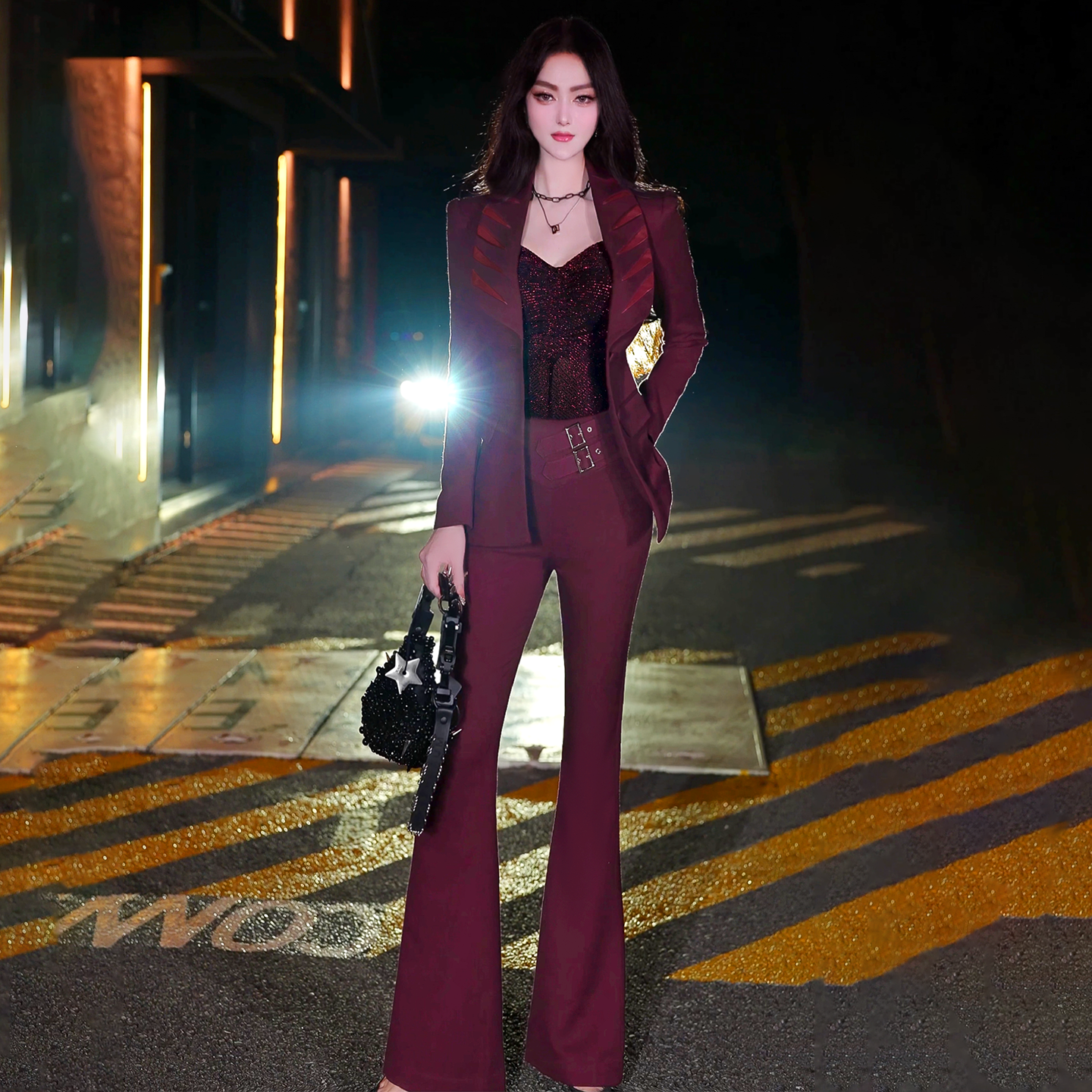 VJE  Burgundy Spliced Small Pants Two-Piece Set  Suit-HANS.