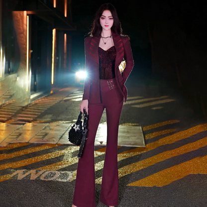 VJE  Burgundy Spliced Small Pants Two-Piece Set  Suit - HANS?