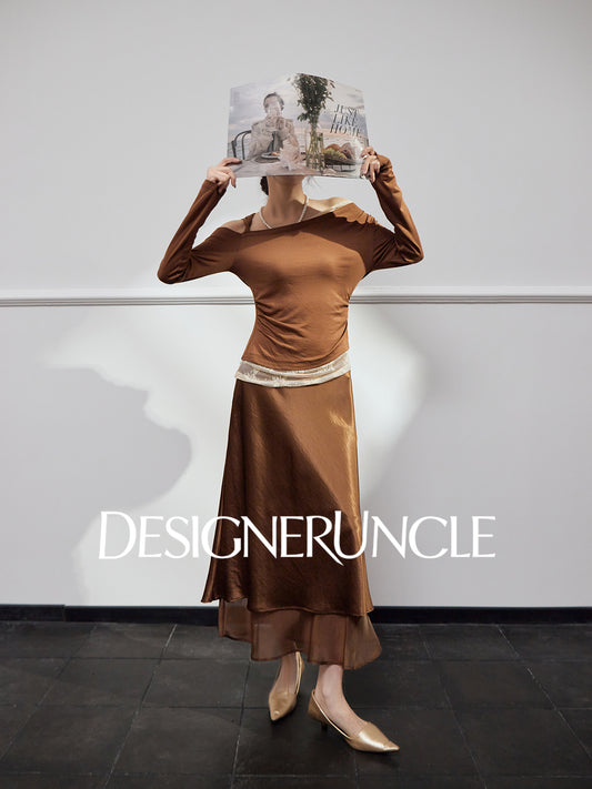 DGU "Twilight Apricot" lace cut-out base commuter versatile slimming top - DEED.