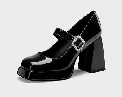 pjjuu Black Platform thick-soled square block heel leather MaryJane Shoes - Simona