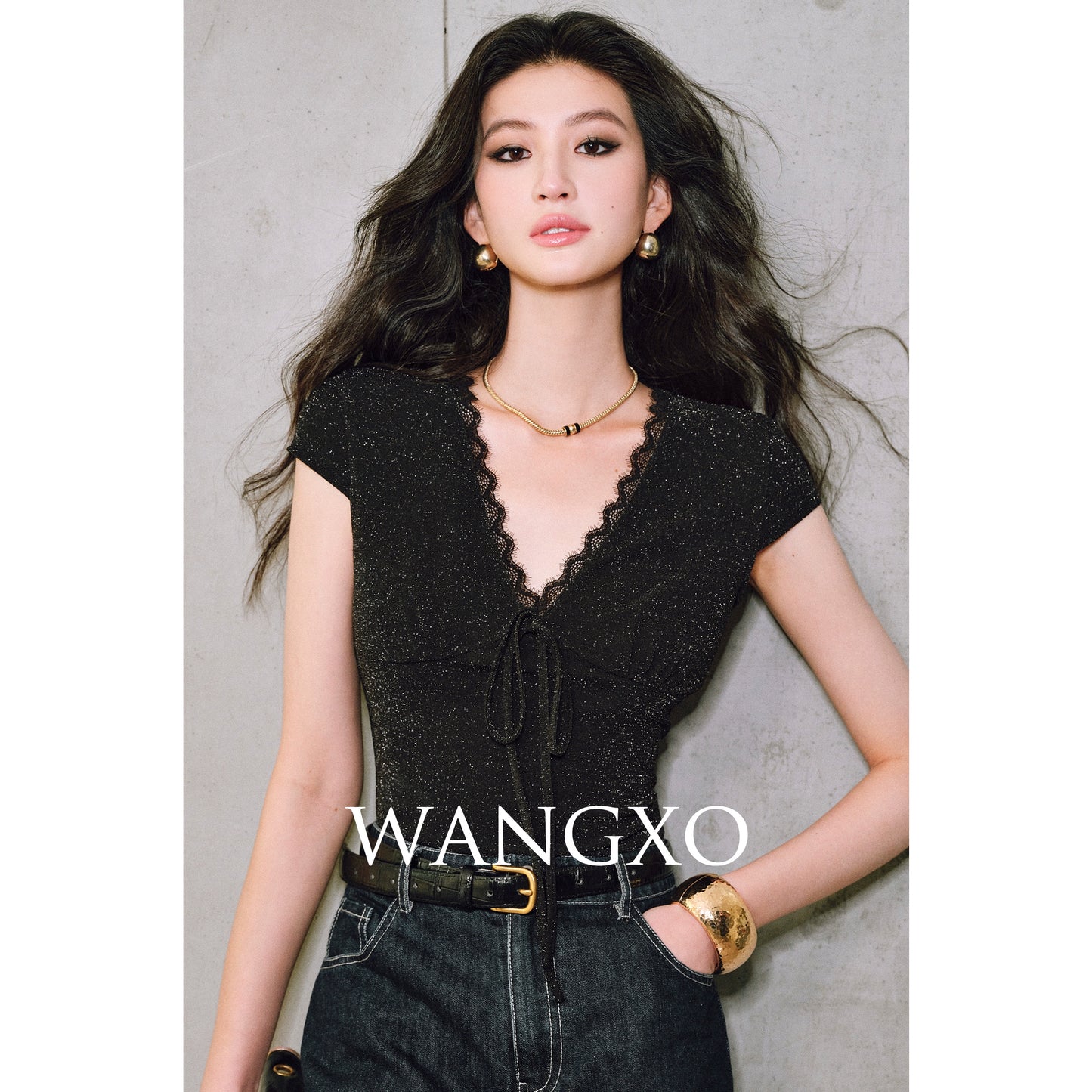 WANGXO | Sparkling Silk High-Density Knit Hand-Shaped Lace Detail V-Neck Slim Fit Top -NOYA