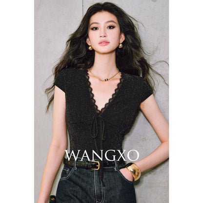 WANGXO | Sparkling Silk High-Density Knit Hand-Shaped Lace Detail V-Neck Slim Fit Top -NOYA