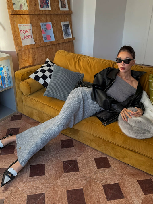 Le Palais Vintage Autumn/Winter Gray Wool Knit Wrap Long Skirt-FERA