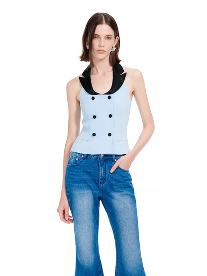 YES BY YESIR | Ye Qians Deconstructed U-Neck Navy Vest with Silhouette - MARILISE.