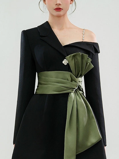 CHECOCRE Stunning Irregular Design Sense Waist Cinched Thin A-line Black Dress - VESTAGE