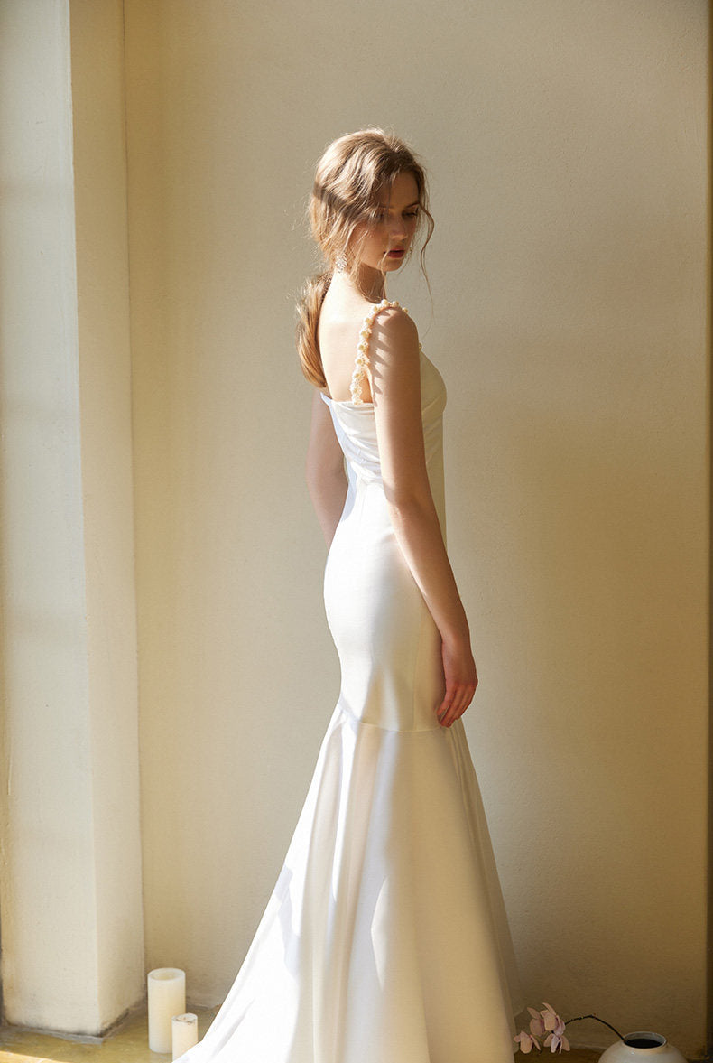 GOUDIN White Satin Engagement Evening Dress-IILONA.