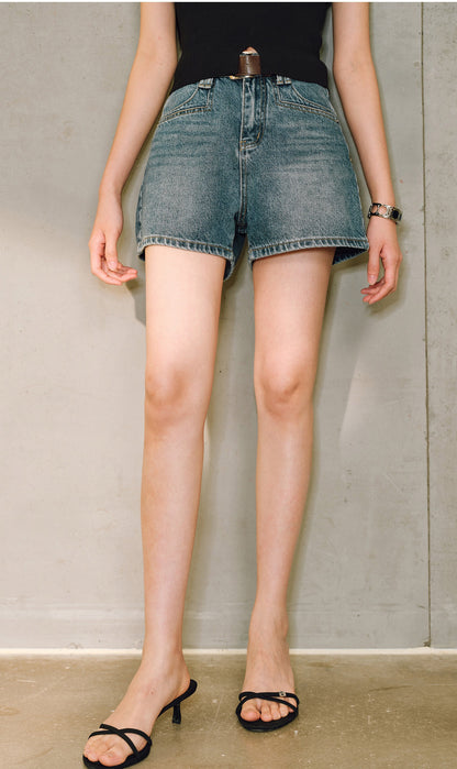 WANGXO |Micro A-Line High-Waisted Lightweight Denim Shorts with Vintage Finish -ZINA