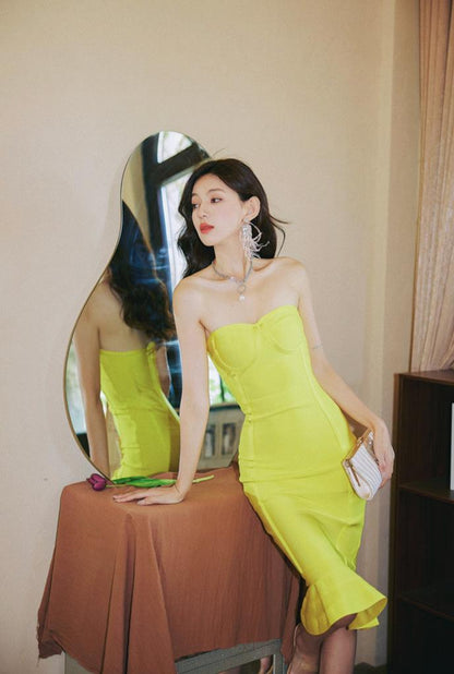 DOLLY Elegant Yellow Off Shoulder Tube Top Slim Fit Knitted Fish Tail Dress-PONA