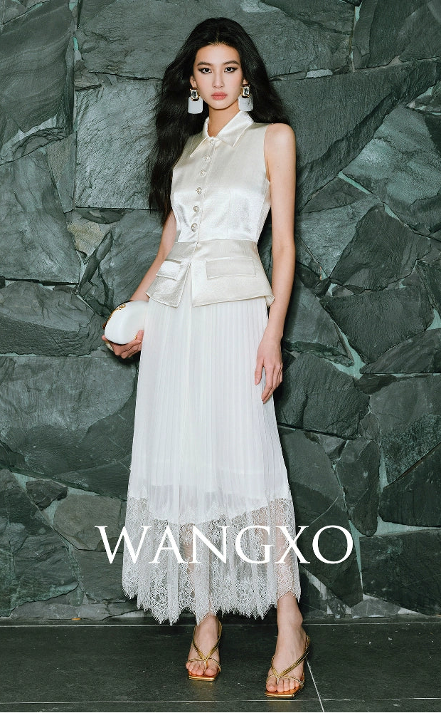 WANGXO | Faux Two-Piece Vest Suit & Romantic Pleated Gauze Skirt -THIA.