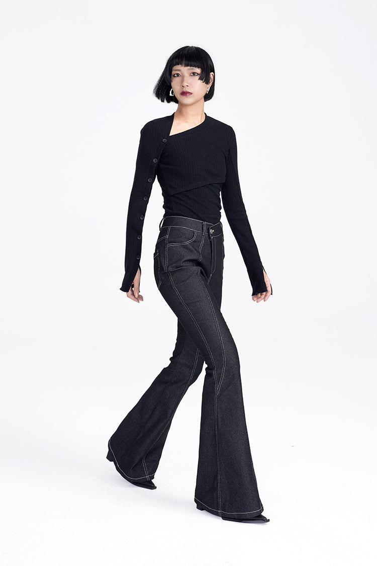 TINY IN button sleeve asymmetric knit women's black top-TAKA