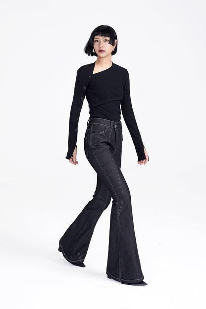 TINY IN button sleeve asymmetric knit women's black top-TAKA