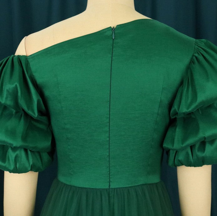 DOLLY Elegant Dark Green Retro Style Slant Collar Short Puff Sleeve Short Banquet Dress-CHITAH