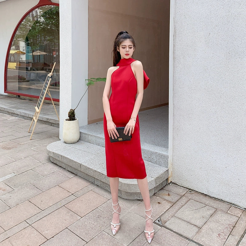 DOLLY Luxury Halter Neck Sleeveless Backless Big Bow Dinner Dress-PELA