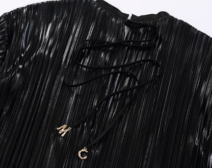 COMME MOI Lv Yan designer women's pin-pleated crewneck top commuter shirt - IVY.