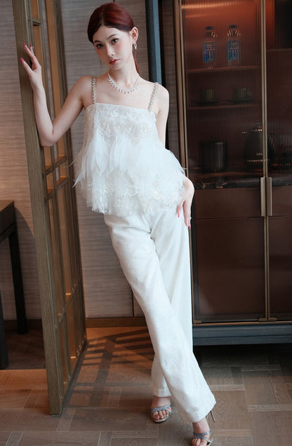 Wardrobes by Chen White sequin Strap Lace Loose Top High Waist Straight Pant-Lacey