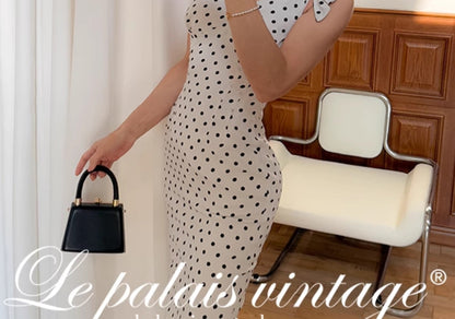 Le palais vintage black and white polka dot slim fit V-neck faux silk dress - MEEK.