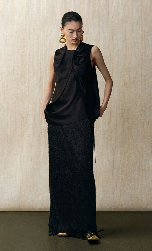 ZHUCHONGYUN crew neck black satin irregular sleeveless top-ASH.