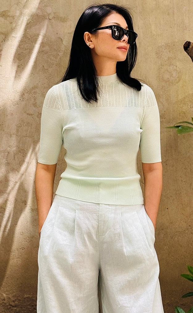 COMME MOI summer women's middle sleeve cut-out knit top - PHILIP.