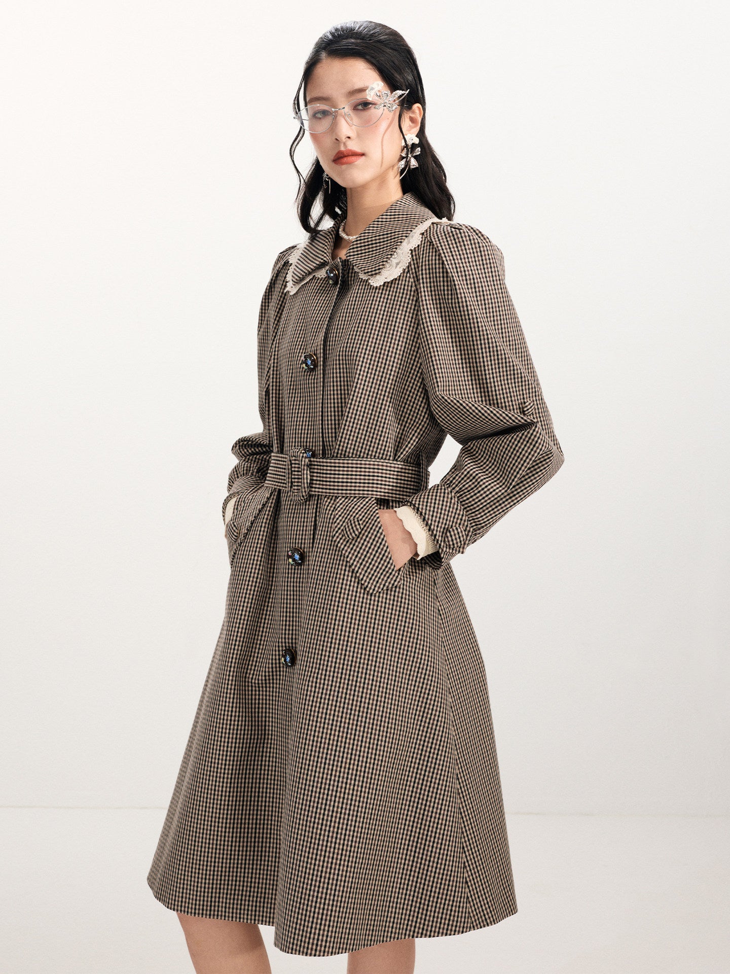 FAME Embroidered Collar Vintage Plaid Long Trench Coat - SANDRA.