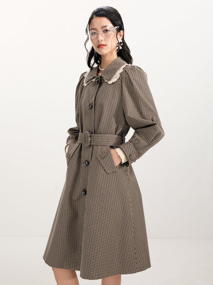 FAME Embroidered Collar Vintage Plaid Long Trench Coat - SANDRA.