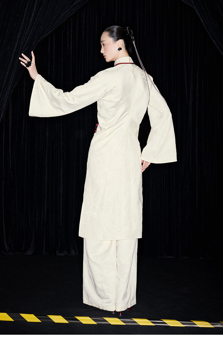 M essential Mackay designer jade carved jacquard bell sleeves cheongsam dress pant set - greg.