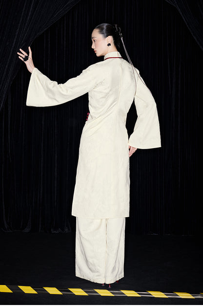 M essential Mackay designer jade carved jacquard bell sleeves cheongsam dress pant set - greg.