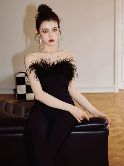 DOLLY High End Black Sleeveless Feather Tube Top Long Flared Pant Jumpsuit-PALMER