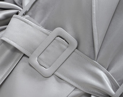 WANGXO | Acetate Double-Faced Satin Pleated Dolman Sleeve Belted Short Trench Coat-LARA.