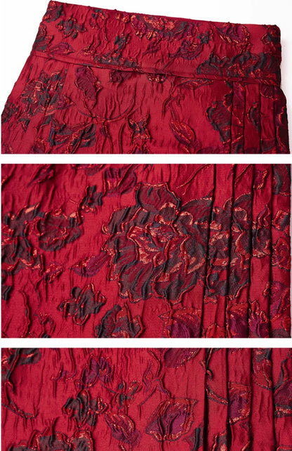 HECO Wear Gold Wire Embossed Horse Face red high waist pleated Skirt - burn.