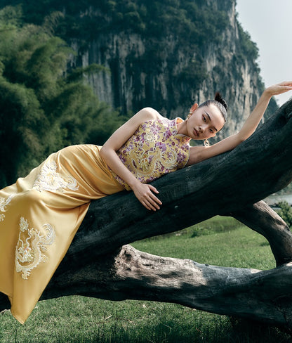 HECO Chinese Retro Style Embroidery Golden Dragon Stand-up Collar Vest Top  - QANT.