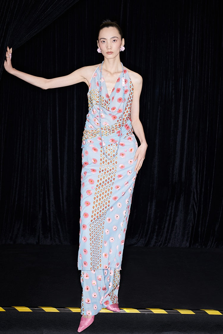 M essential Ma Kai designer Qu Kun burnt flower velvet nail beads open back dress - ALPHA.