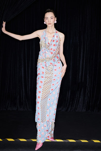 M essential Ma Kai designer Qu Kun burnt flower velvet nail beads open back dress - ALPHA.