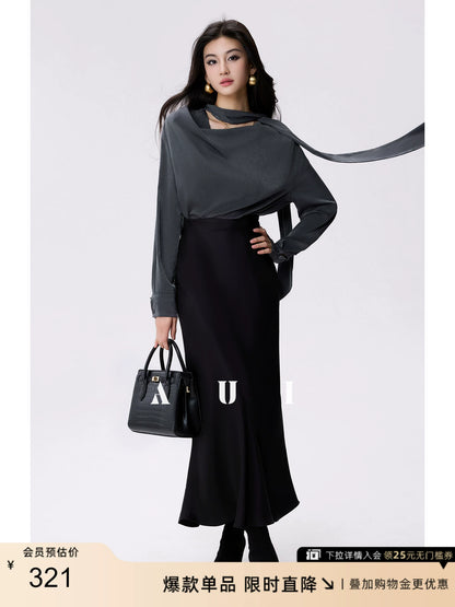 AUI commuter gray shoulder pad chiffon foreign temperament high-end chic top - Seo-yoon