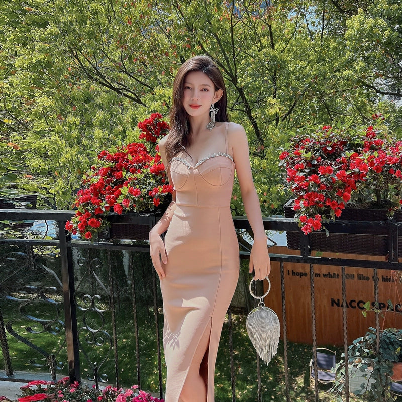 DOLLY Luxury 0ff Shoulder Sleeveless Diamond Bandage Sexy Slit Banquet Dress-PALOMA