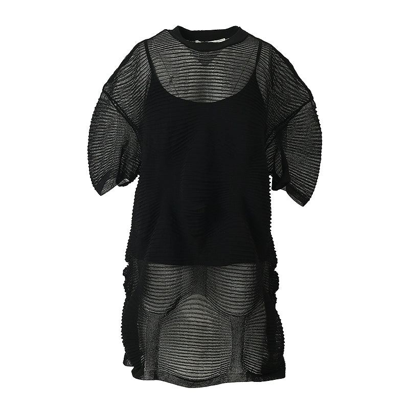 ZHUCHONGYUN light puff sleeve black crew neck knit top-LAILA.