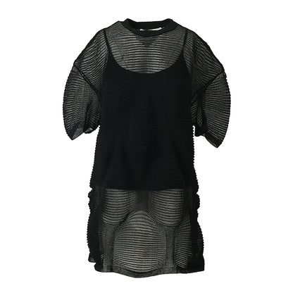ZHUCHONGYUN light puff sleeve black crew neck knit top-LAILA.