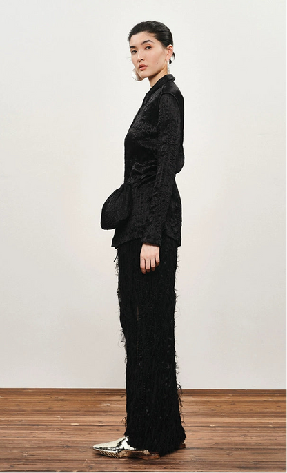 ZHUCHONGYUN Black Pleated Long-Sleeve Satin Lapel Slim Shirt-MONTY.