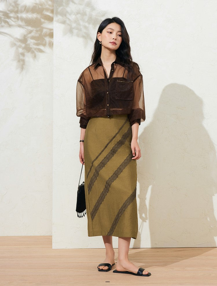 SuShe Elegant Tencel linen lace stitching back slit skirt -SARA