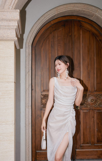 DOLLY High End White Retro Style Sleeveless Long Pleated Slit Cocktail Dress-SARAI