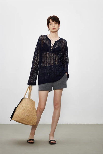 PIAOIN light luxury cut-out lace-up yarn knitted blouse women's loose Tencel jacket -WILLOW