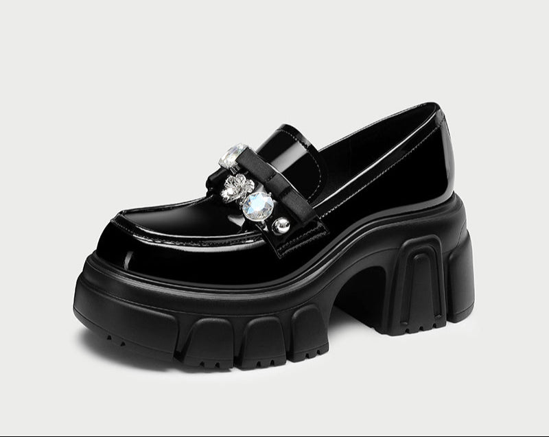 PJJUU Black Patent Leather Block British Style Single Shoes - ATTEND