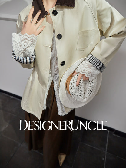 DGU| Off-white trench niche design plaid patchwork lapel long-sleeved jacket - PRAISES.