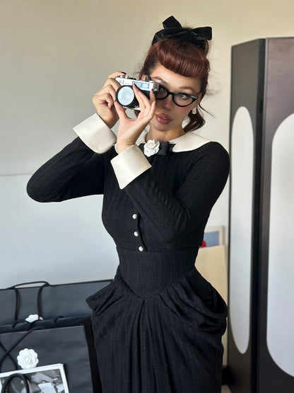 Le Palais Vintage Elegant Black and White Round Neck Cardigan High Waist Pencil Office Skirt-Ivy