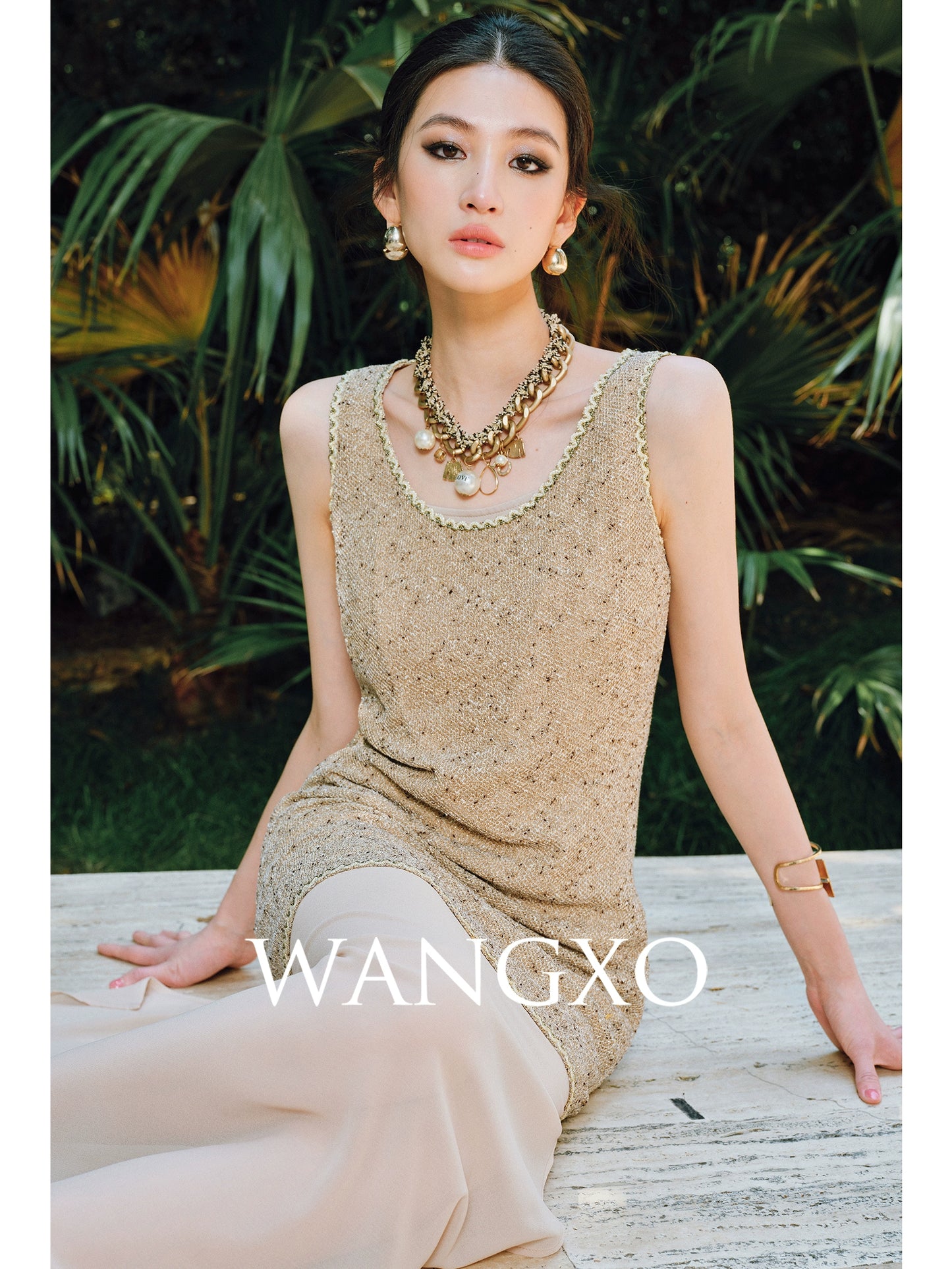 WANGXO | Satin-Stitched Georgette & Stretch Sequin Knit  Suspender Skirt & Vest Skirt Set -LUMA