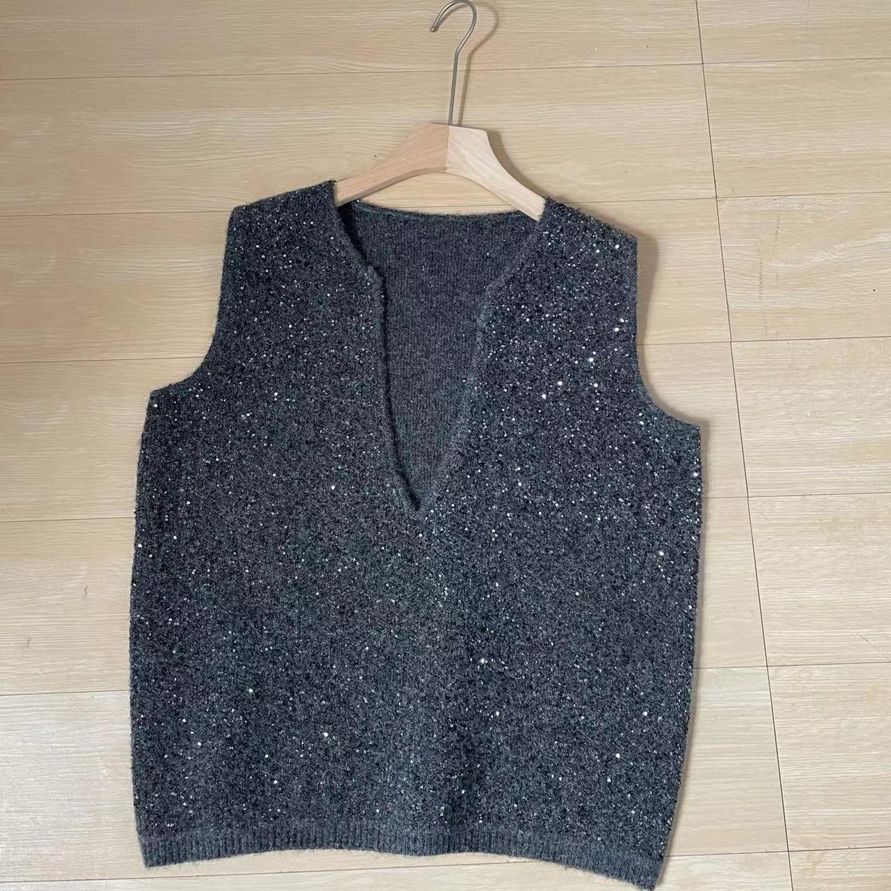 PIAOIN starry sequined V-neck knitted women's vest thermal knitted jacket-HERA
